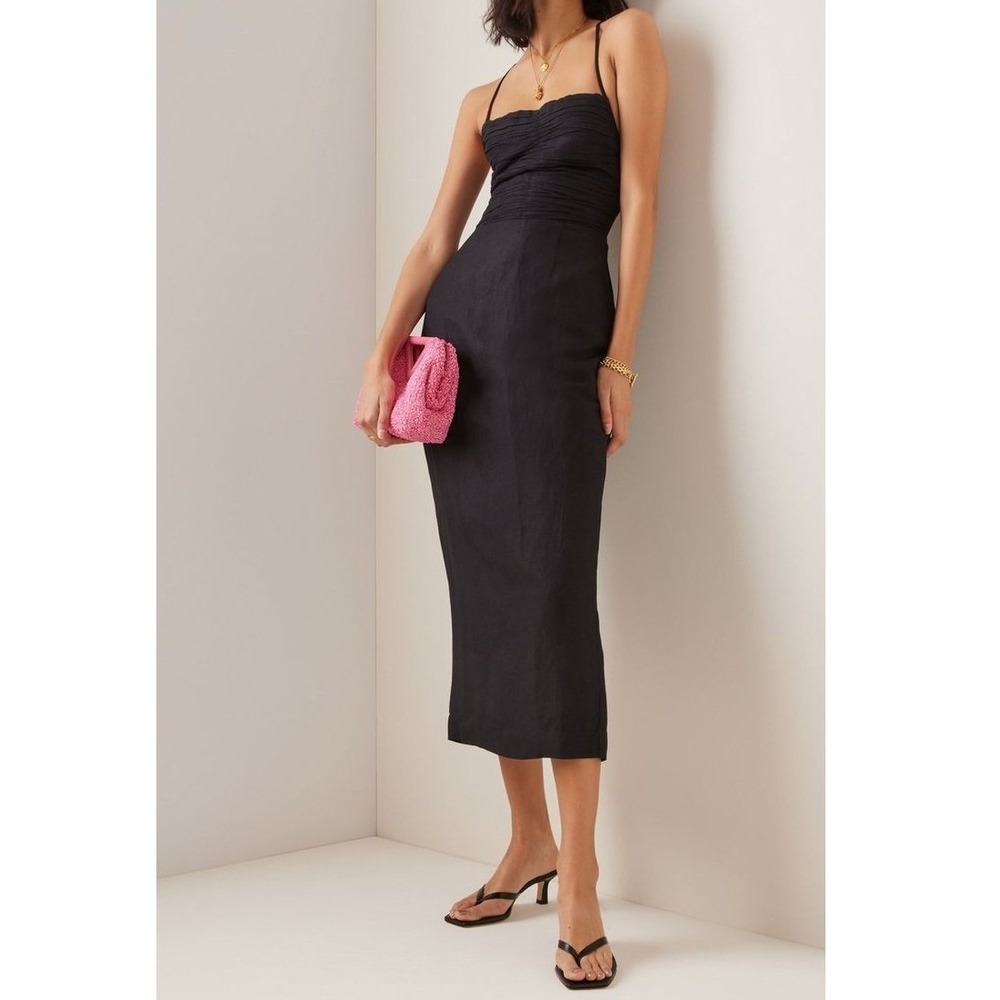 POSSE Black Ivy Linen Midi Dress Minimalist Smocked Euro Summer Size Small